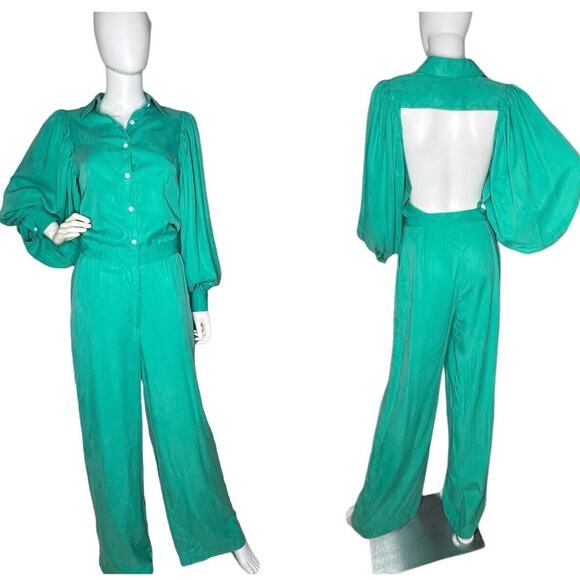 NWT The Kemist Size US 4 Seafoam Green Open Back Wide Leg Jumpsuit Balloon Slv - Picture 1 of 11